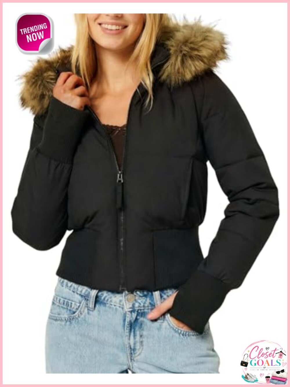 Women Cropped Puffer Jacket Quilted Faux Fur Hood Winter Coat